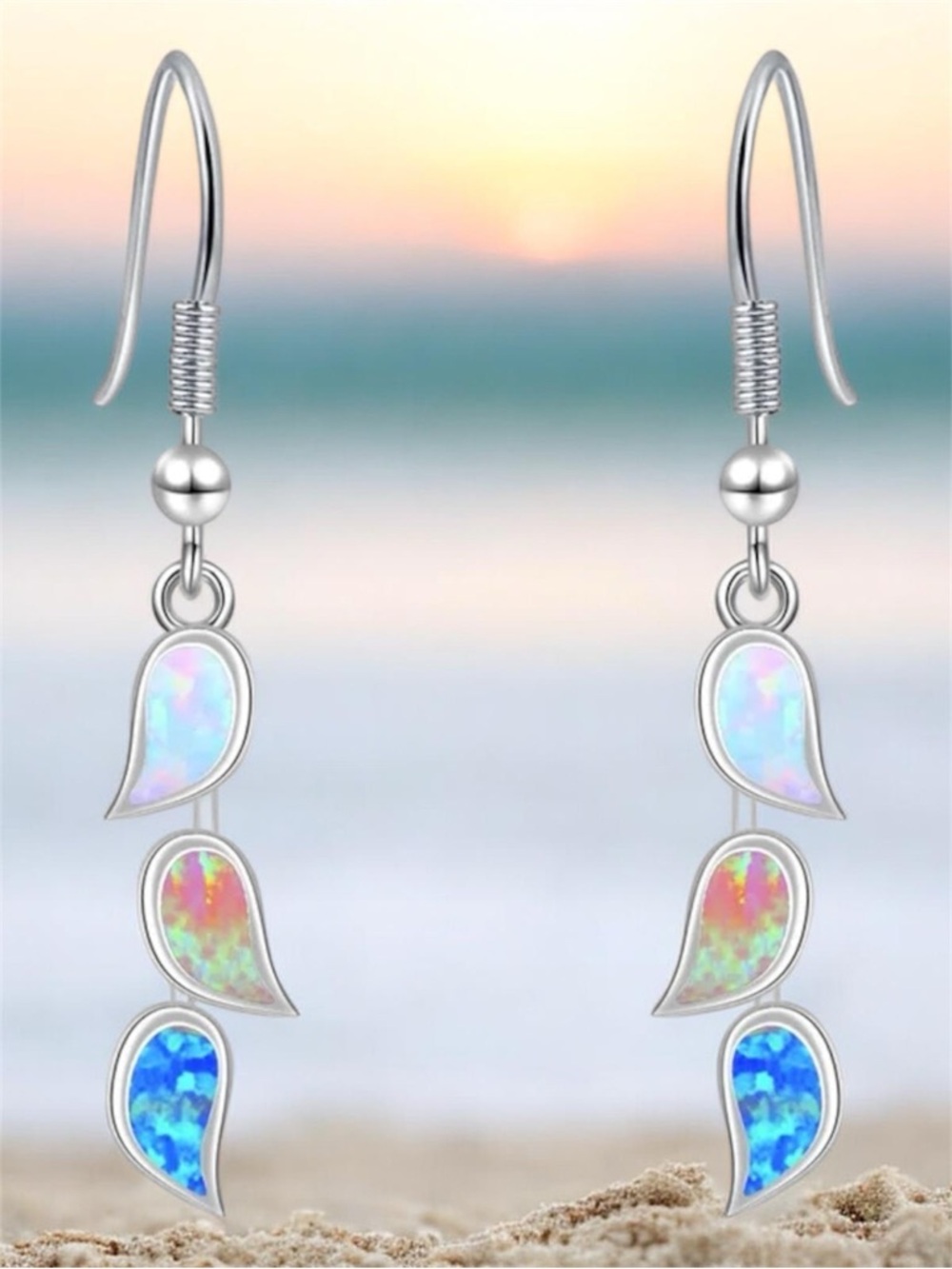 Sterling Silver Pink and White Opal Wave Pendant Necklace - Picture 3 of 3